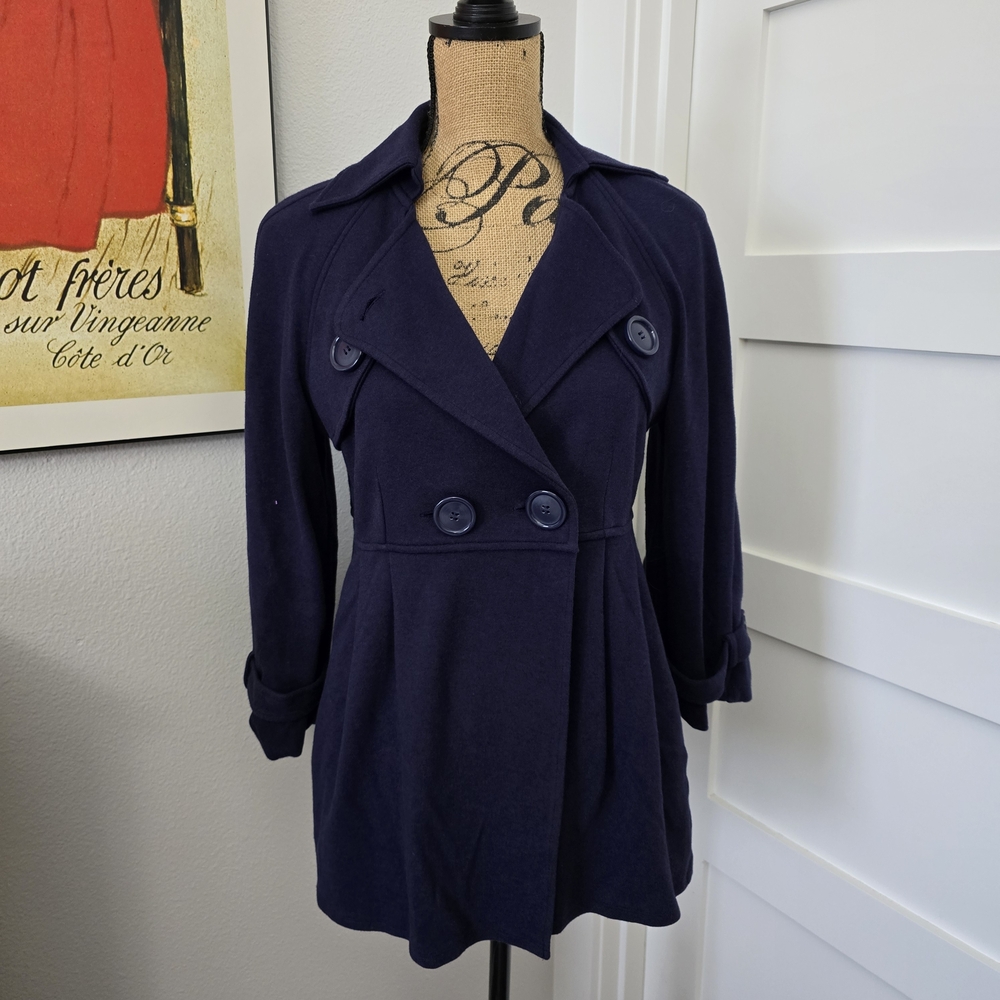 Simply Chloe Dao Navy Double-Breasted Peplum Trench Sweater Jacket. EUC Cute!!